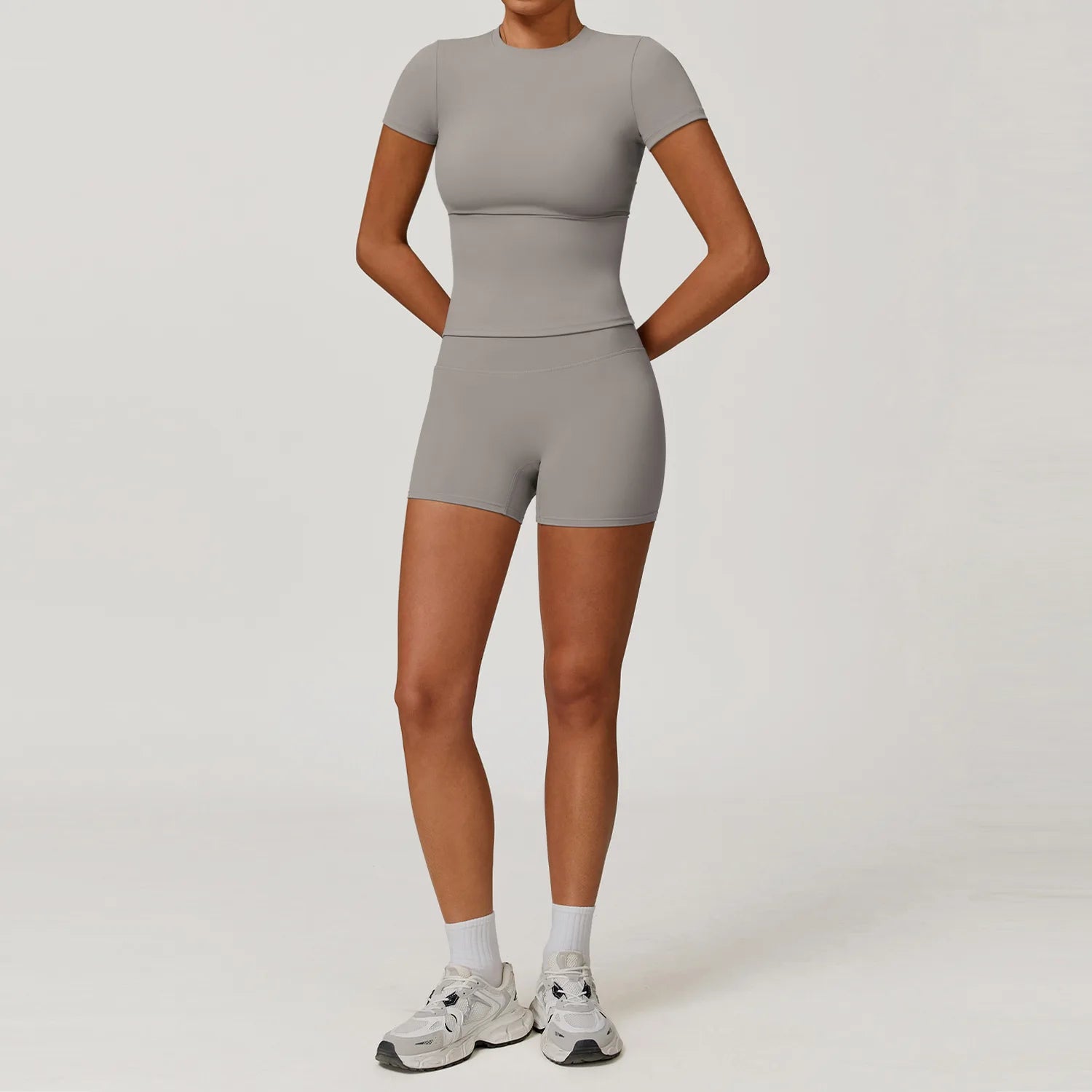Women  Yoga Set 2PCS Workout Set Sportswear Gym Clothing Fitness Long Sleeve High Waist Leggings Cycling Shorts Sports Suits