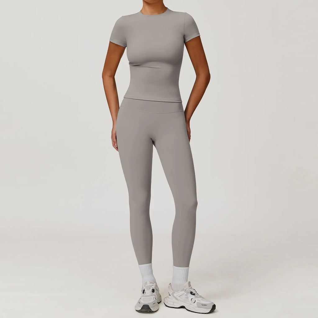 Women  Yoga Set 2PCS Workout Set Sportswear Gym Clothing Fitness Long Sleeve High Waist Leggings Cycling Shorts Sports Suits