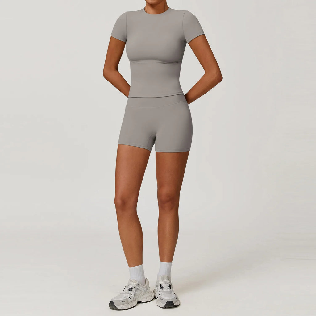 Women  Yoga Set 2PCS Workout Set Sportswear Gym Clothing Fitness Long Sleeve High Waist Leggings Cycling Shorts Sports Suits
