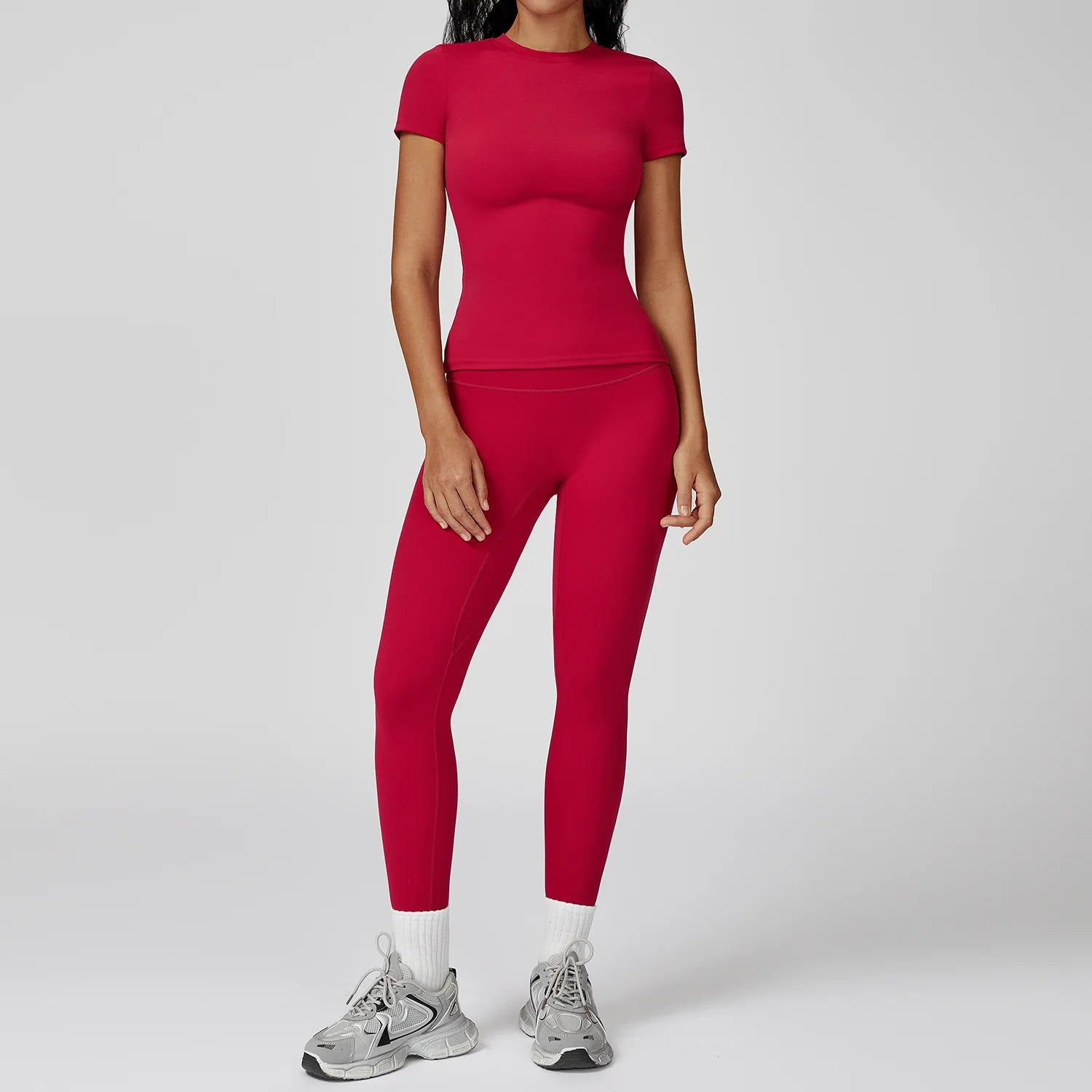 Women  Yoga Set 2PCS Workout Set Sportswear Gym Clothing Fitness Long Sleeve High Waist Leggings Cycling Shorts Sports Suits
